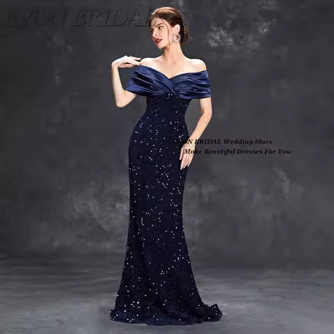 Prom Dress Navy Blue Sequin Cocktail Dresses Elegant Off Shoulder Evening Dress for Women Mermaid Customized Customized Formal