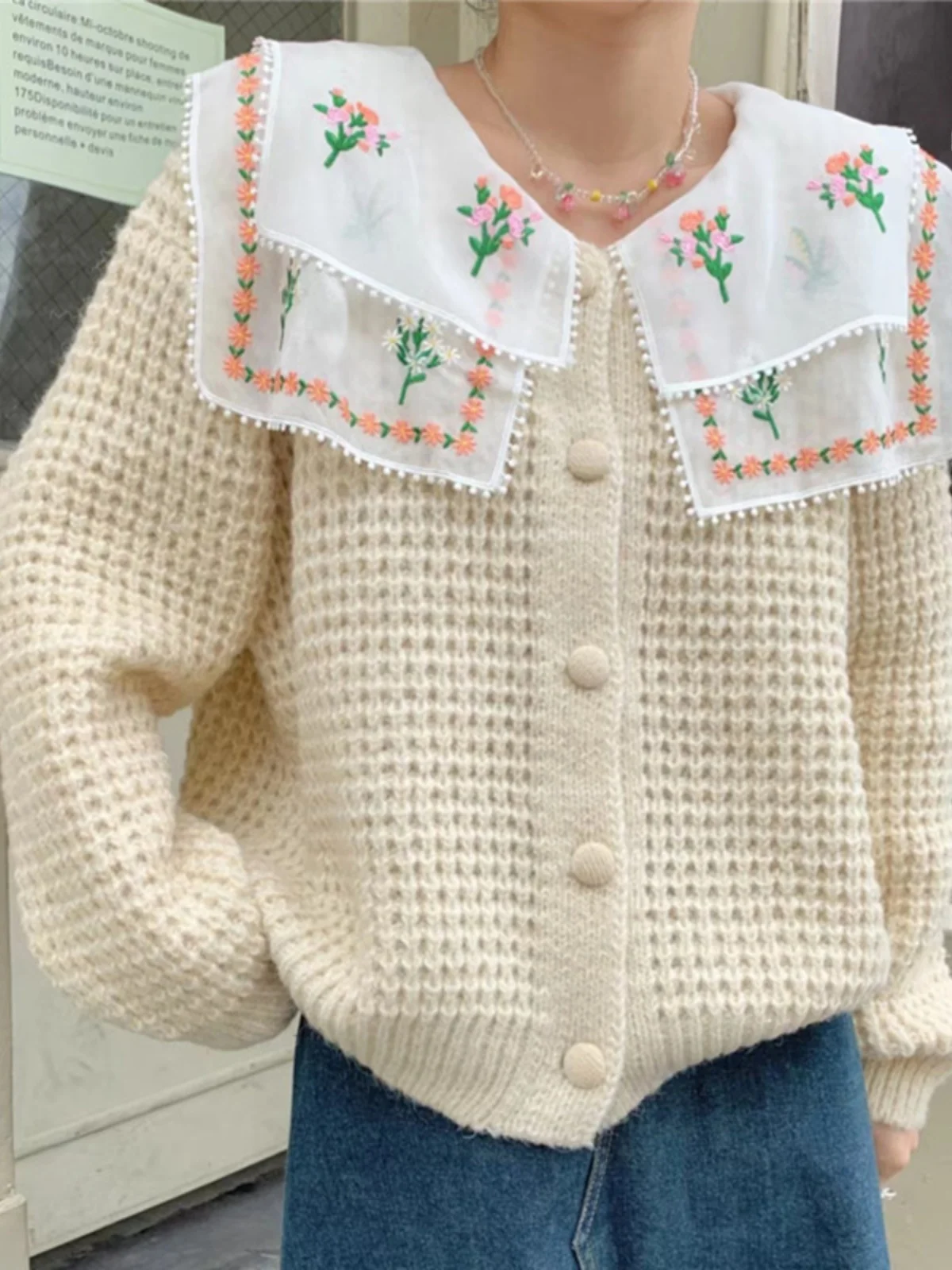 Cárdigan de punto Ele Long Sve para mujer, suéter de retazos bordado con cuello de muñeca dulce, prendas de vestir exteriores elegantes de otoño