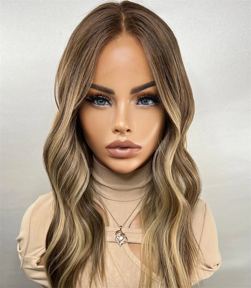 Small Large Cap Lace Frontal Wigs Caramel Brown Blonde Highlights Synthetic Wig Futura Glueless Party Cosplay Daily Wear Wavy