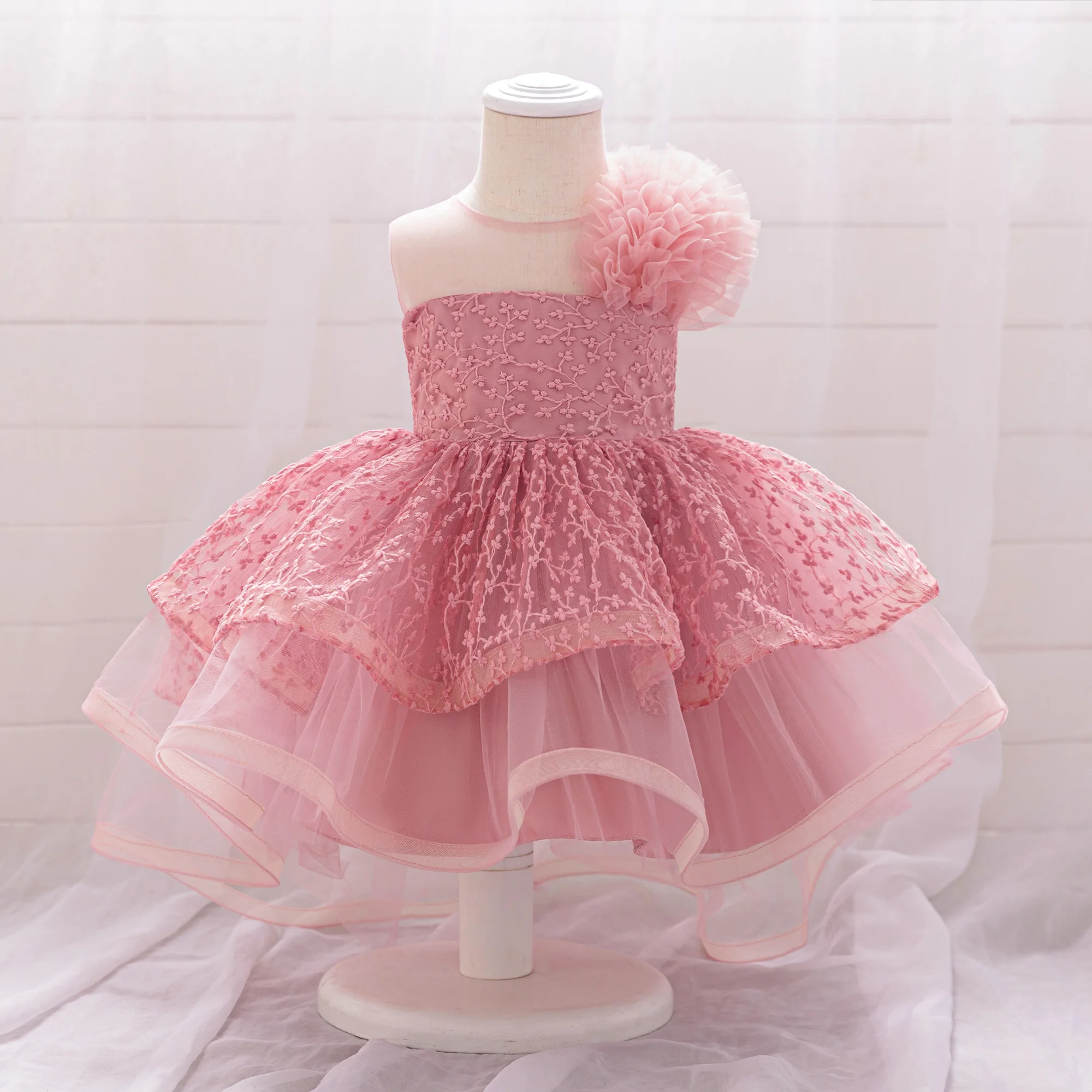 

Baby Girl Elegant Mesh Ruffle Dress Baby Girl Floral Tulle Flower Girls Wedding Party Dress Suitable For Birthday Princess Forma