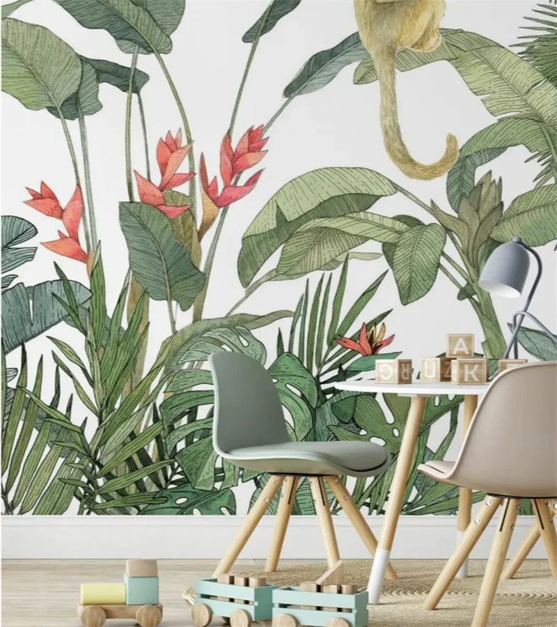 Customized Wallpaper Tropical Rainforest Plants and Animals Mural Banana Tree Parrot Monkey Palm Leaf Decorative Painting murals