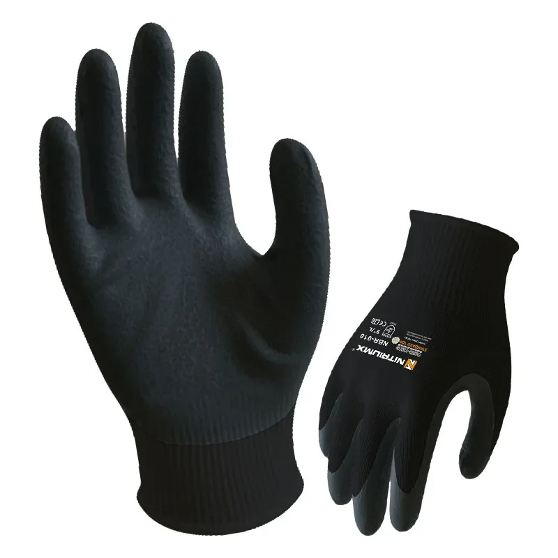 NBR‑010 Nylon Safety Work Gloves Knit Palm Coated Football Texture Nitrile Foam Oil‑Resistant Industrial Work Gloves