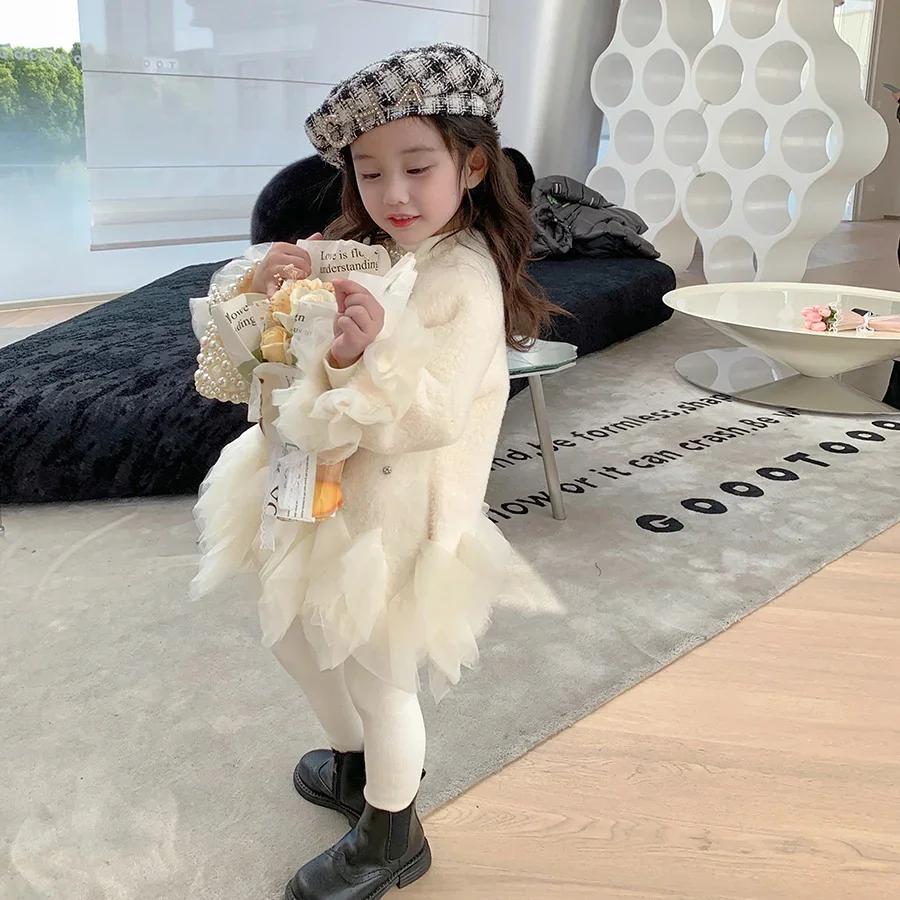 Baby Girls' Mink Fur Coat 2024 Winter Autumn Lace Hem Pearl Single Breasted Korean Princess Soft Thickened Warm 3-10 Years Old