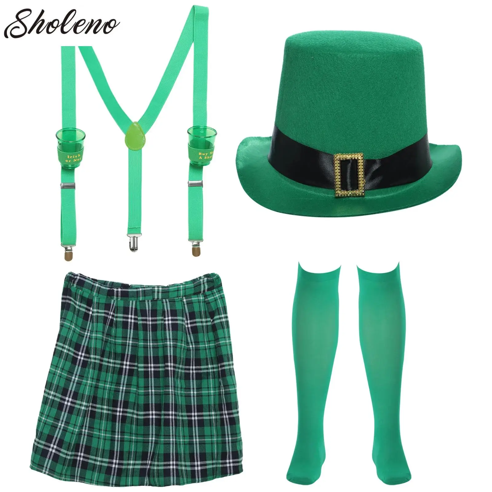 

1 Set Adult Irish Fancy-dress Outfit Hat Beard Bow Tie Bracelet Skirt Stockings Set for Saint Patricks Day Themed Party Festival