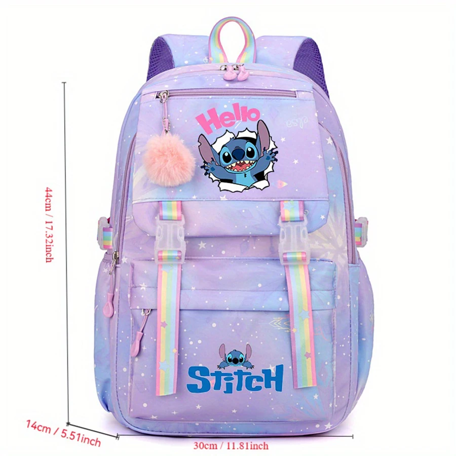 Bohemian-Style Stitch Cartoon Pattern Rainbow Nylon Backpack, Gradient Color Design, Lightweight & Large-Capacity Travel Backpac