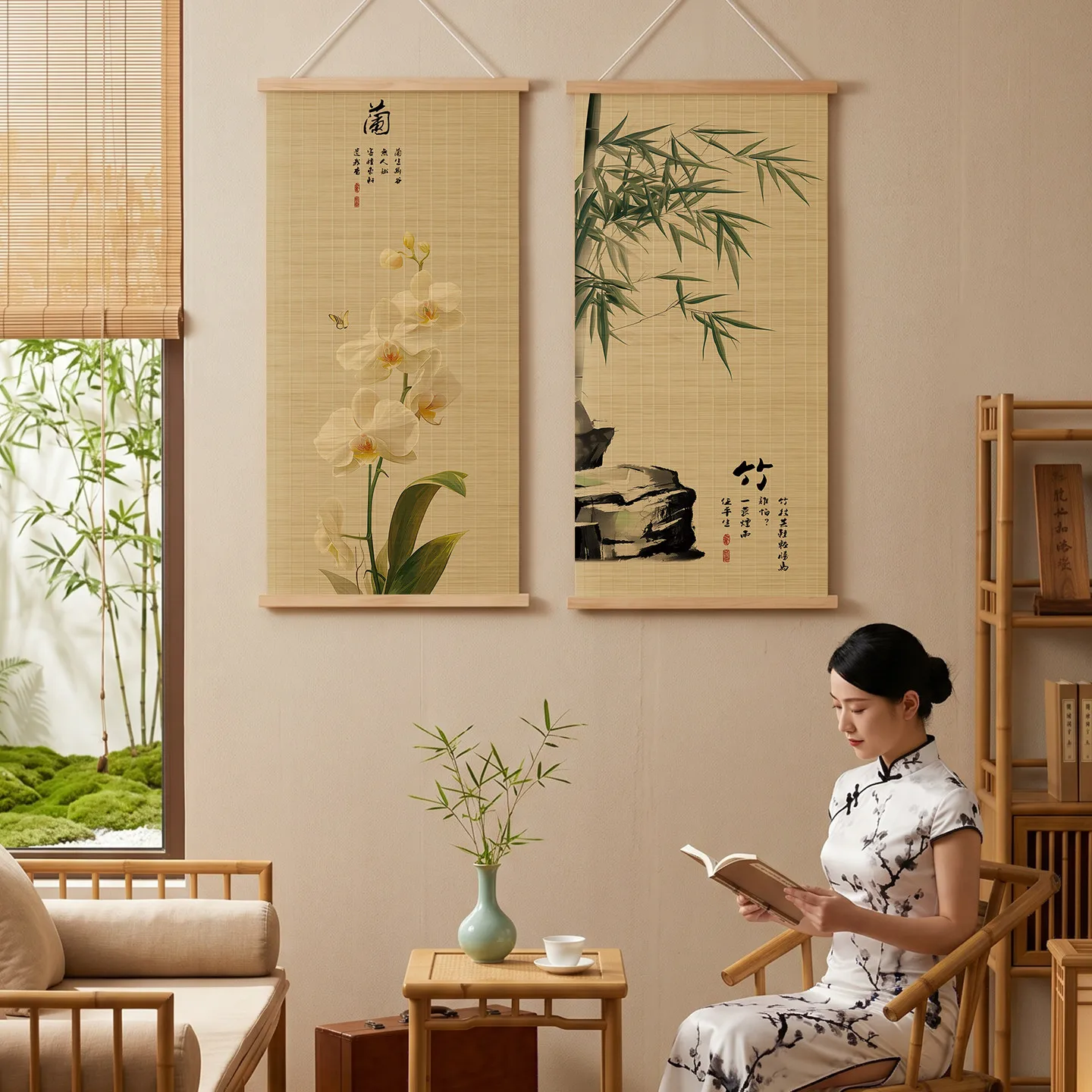 Wall Art Four Gentlemen Bamboo Scroll Painting Zen Minimalism Calm Serene for Therapy Office Emotional Healing Mindful Living