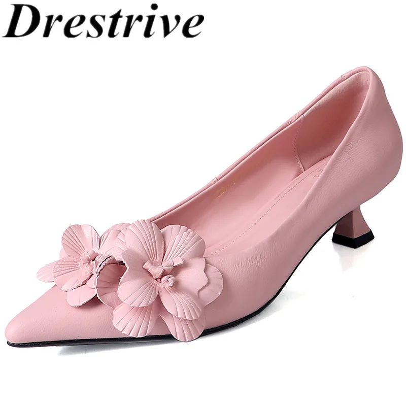 Drestrive 2024 Sweet Women's Pumps Pointed Toe Sheepskin Flower Thin Mid Heels Summer Shoes Party High Quality