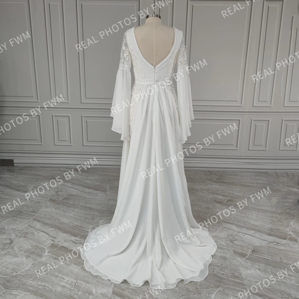 10955 #   Personalizado boho alargamento mangas com decote em v sem costas apliques rendas macio chiffon vestido de casamento vestido de noiva para mulher