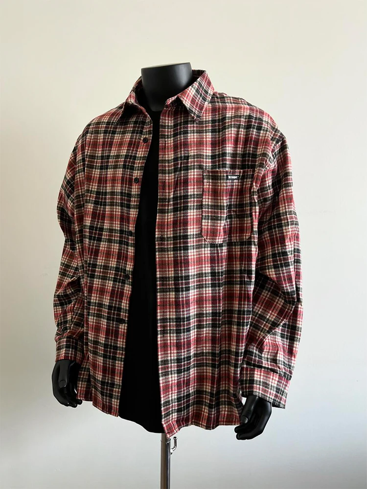 

American Retro Red Plaid Men's Long Sleeve Shirt Spring Trend Brand Inner Wear Checkered Cleanfit Jacket Outerwear