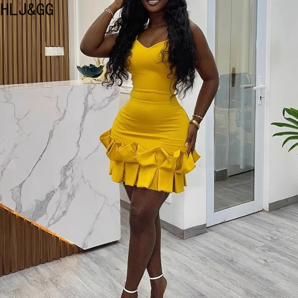 HLJ&GG Yellow Sexy Ruffle Bodycon Spaghetti Strap Mini Dresses Women V Neck Backless Bandage Vestidos Fashion Slim Club Clothing