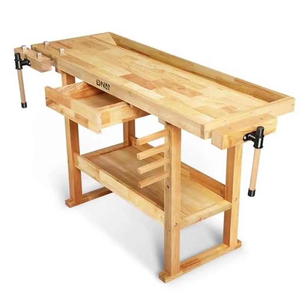 

Wood Workbench with Drawer Adjustable Handle Rubberwood Materials 59.8" L x 20" W x 33.66" H Workshop Garage Tools Storage