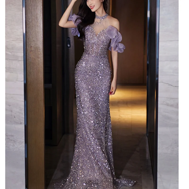 

Luxury Sparkling Female Long Cheoongsam Evening Party Dress Sexy Fish Tail Off Shoulder Prom Dress Fashion Formal Party Dress