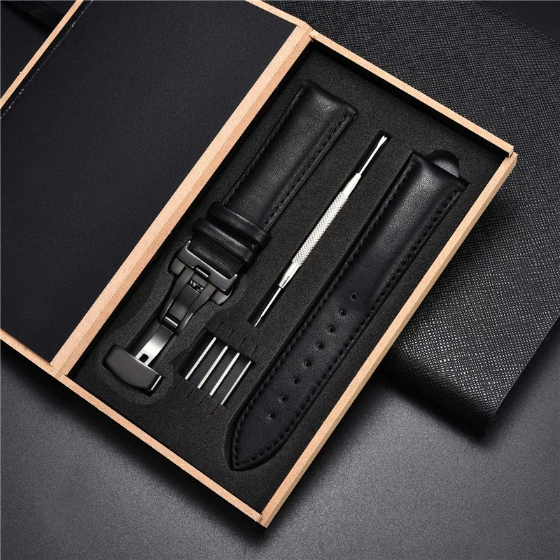 Echtes Lederarmband 18 mm 20 22 24 mm Uhrenarmband Automatische Schmetterlingsschnalle Herren- und Damen-Business-Armbanduhr mit Box-Handgelenkgürtel