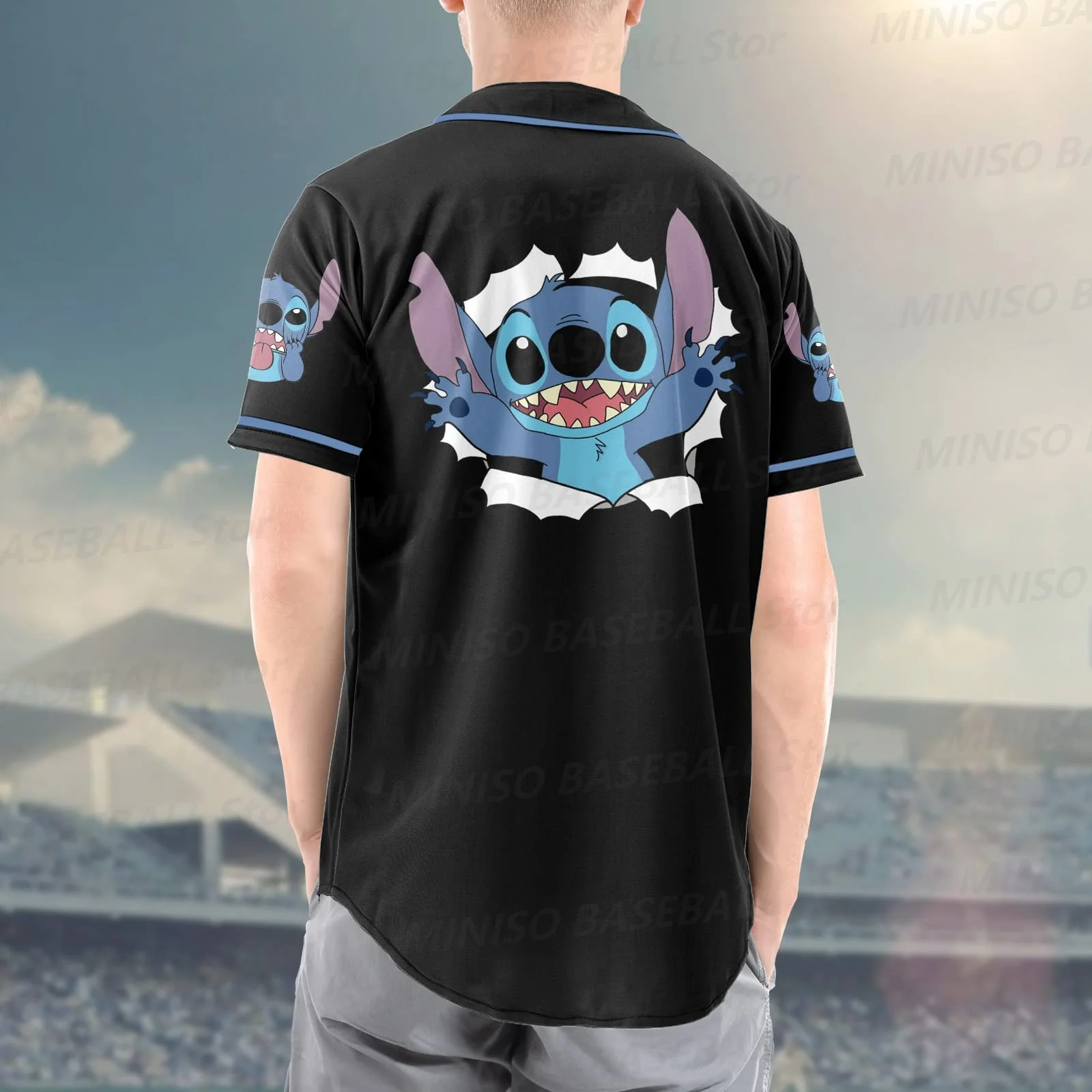 2024 New Summer Disney Stitch Cartoon Print Blue Black Baseball Suit Children/Adult Casual Print Sports Family Parent-Child Wear