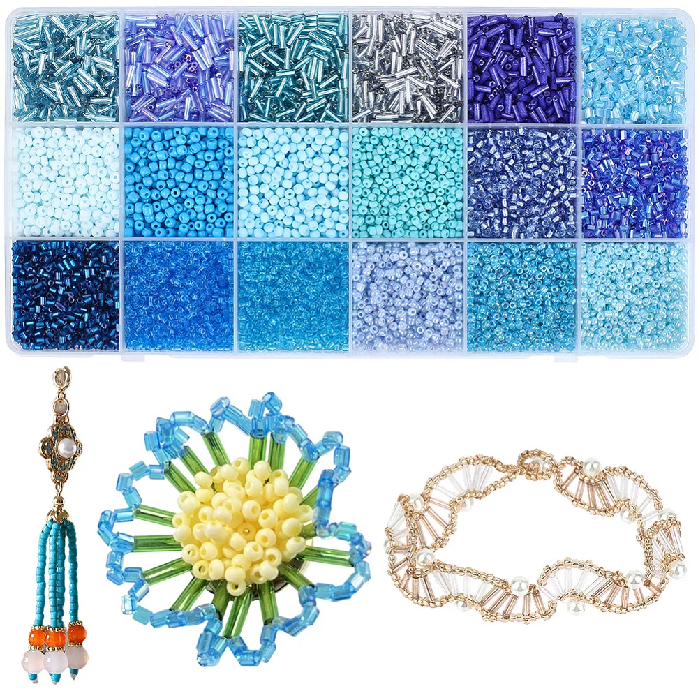 1 Box 345g Blue Glass Seed Beads Kits Mini Round Tiny Tube Rice Transparent Opaque Loose Spacer Bead Charms Findings Bulk