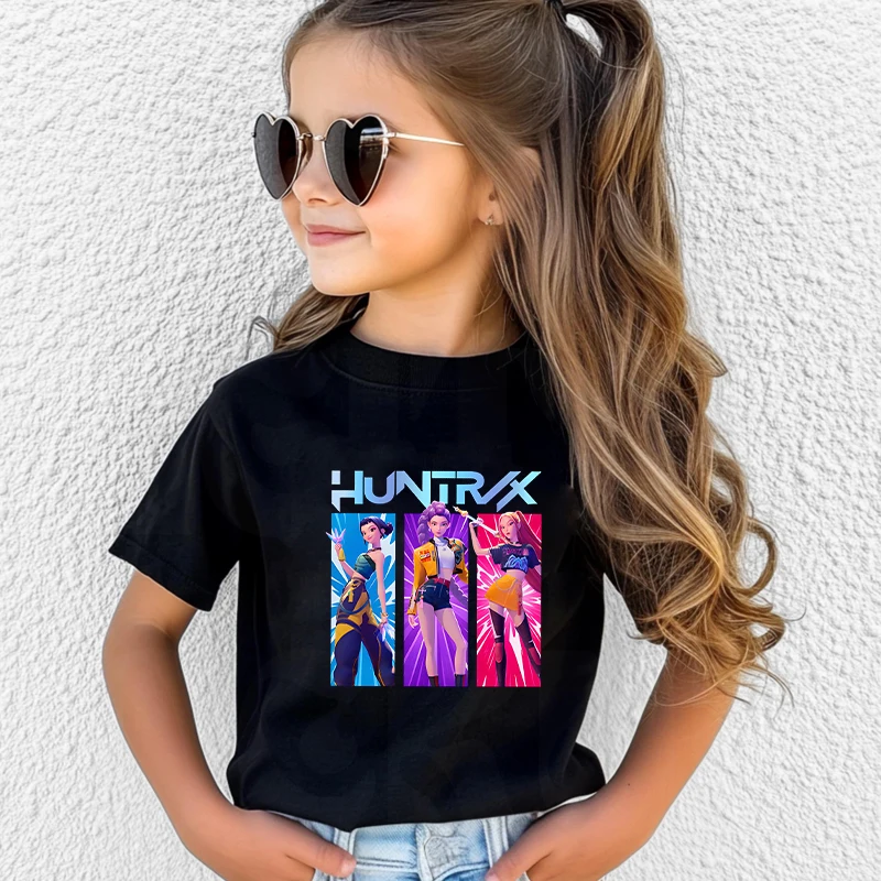 

Kids T Shirt Kpop Demon Hunter HuntrX Graphic Shirt Girls Tops White Black Short Sleeve Tee Shirts Cute Cartoon T-shirt Tops