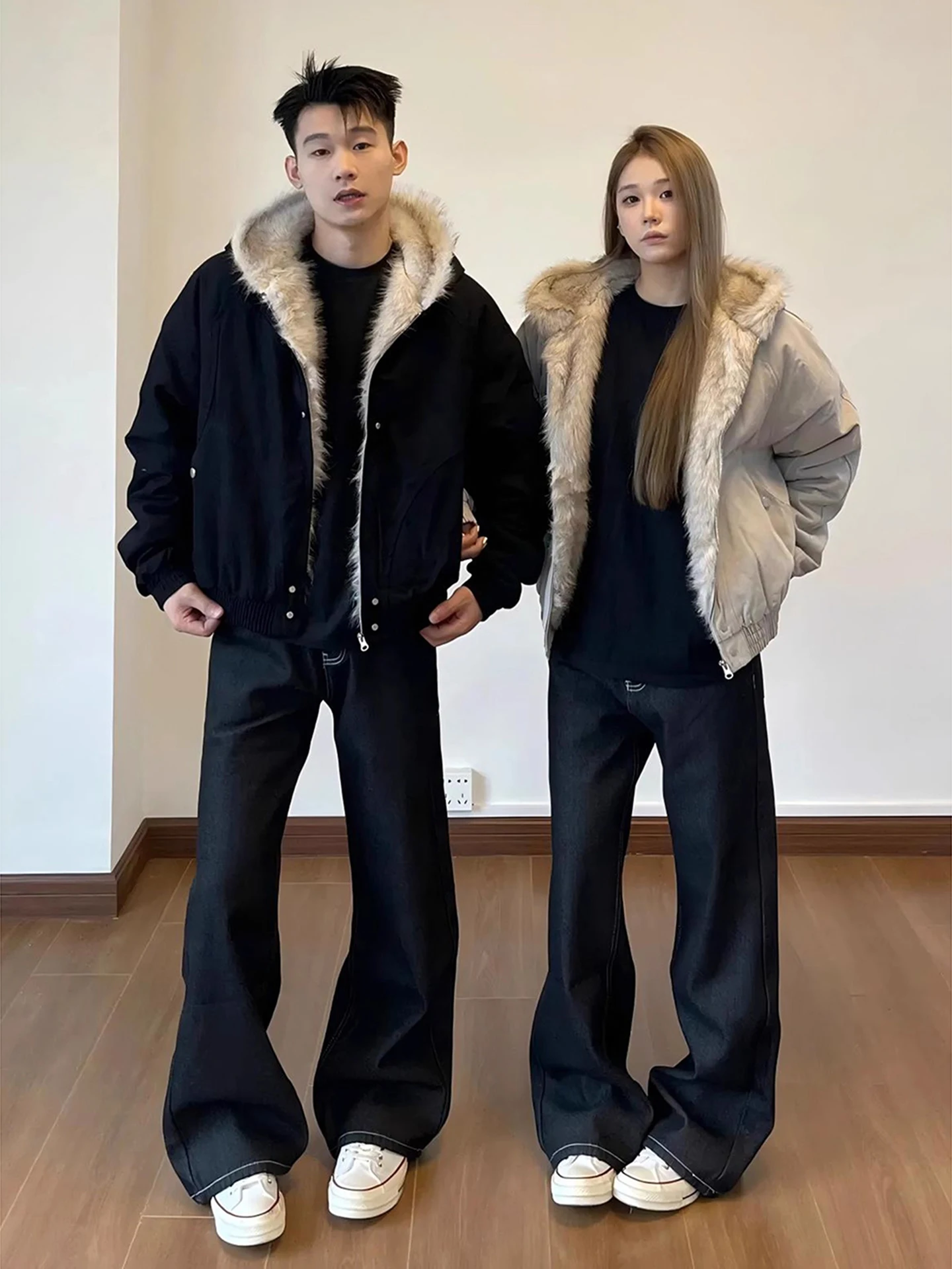 Black Fur Collar Thickened Fleece Lined Cotton Jacket Men's Lazy Style Warm Coat Winter Casual Long Sleeve Zipper Closure