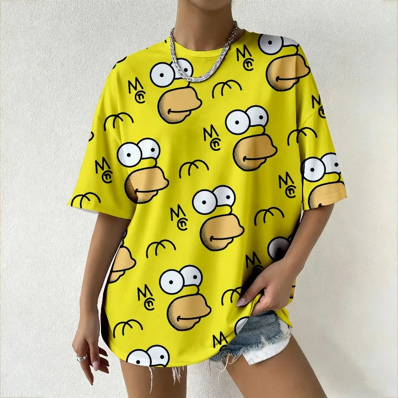 Nueva marca Disney, camiseta de gran tamaño Y2K con estampado completo Homer Simpson para mujer, Top informal holgado de moda esencial de verano para mujer