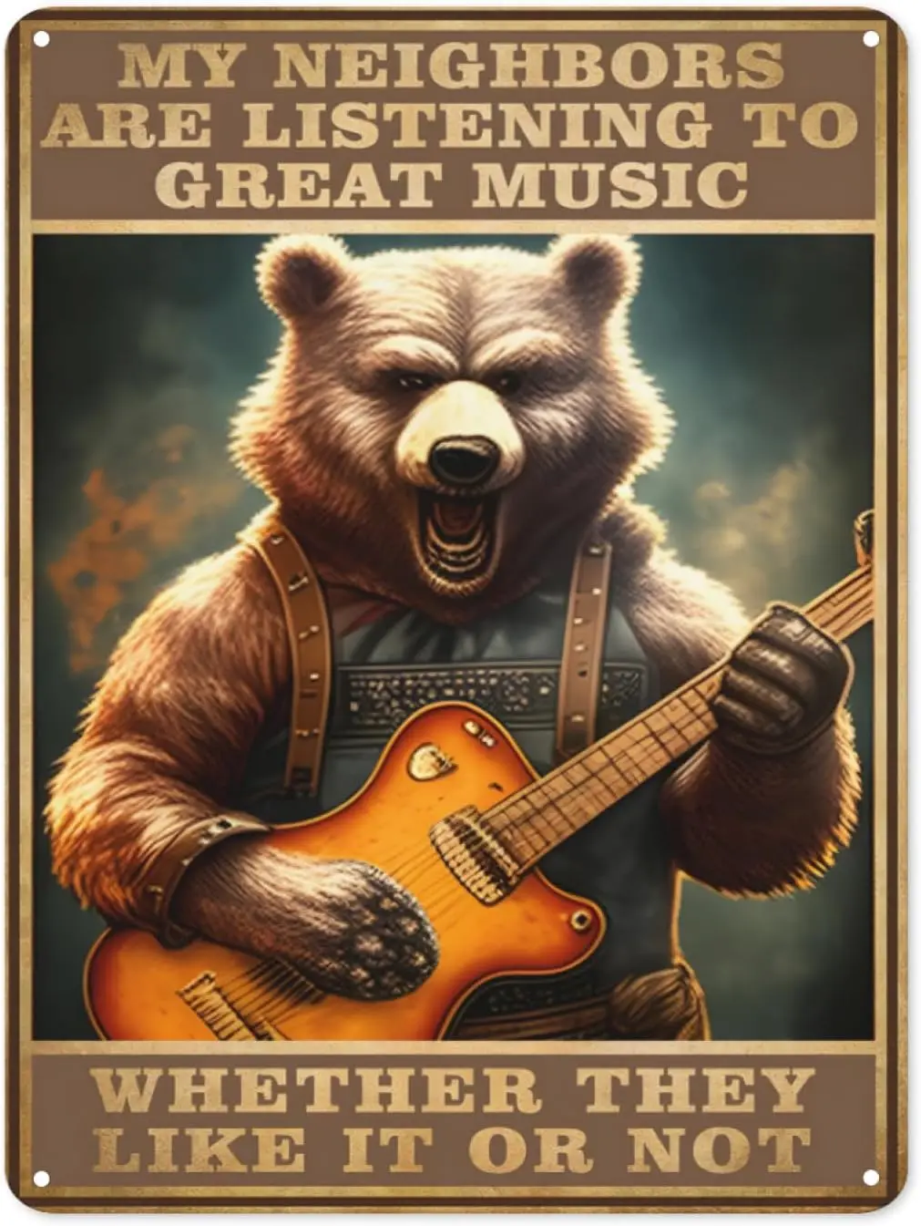 Metal tin sign funny bear guitar makes the perfect addition to home vintage garage decor for a home music studio or cafe 8x12 In