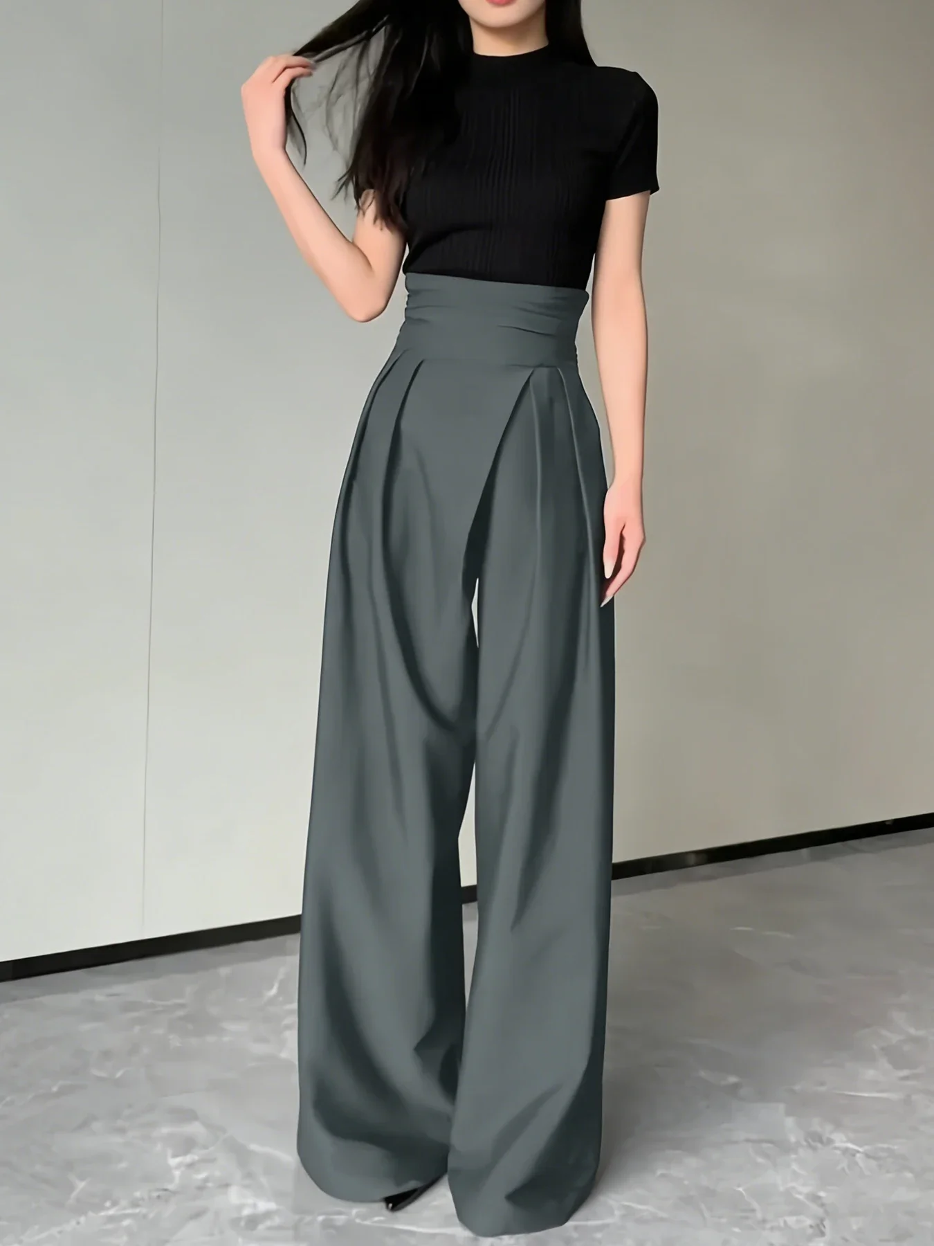 Damenhose mit hoher Taille und weitem Bein, formelle Bürokleidung, Hose in Schwarz/Grau, locker geschnitten, S-XXL, elegant für den Alltag im Frühling und Herbst. – Detail 15