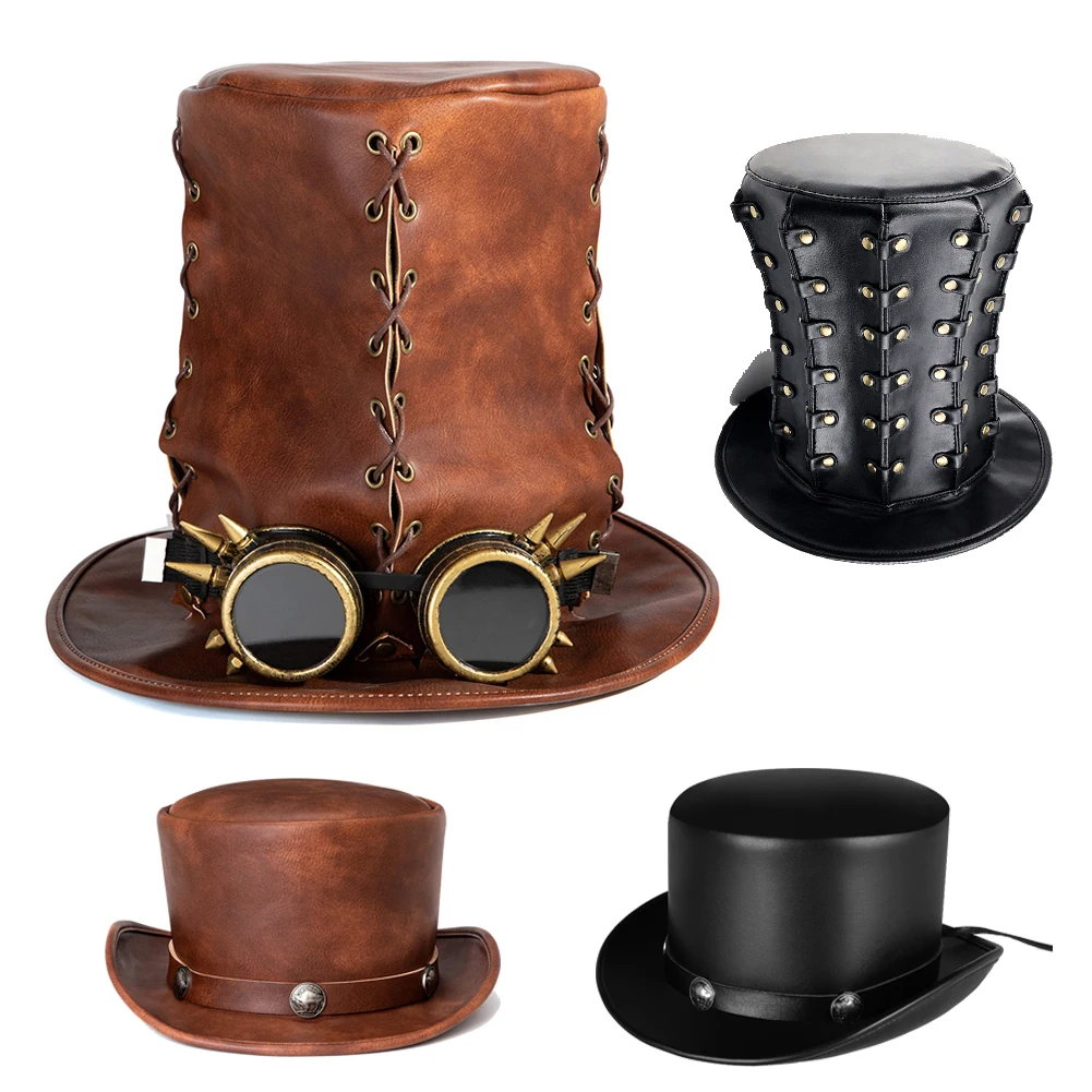 Vintage steampunk men's hat with top hat steampunk leather bowler hat halloween top hat gothic rave nightclub