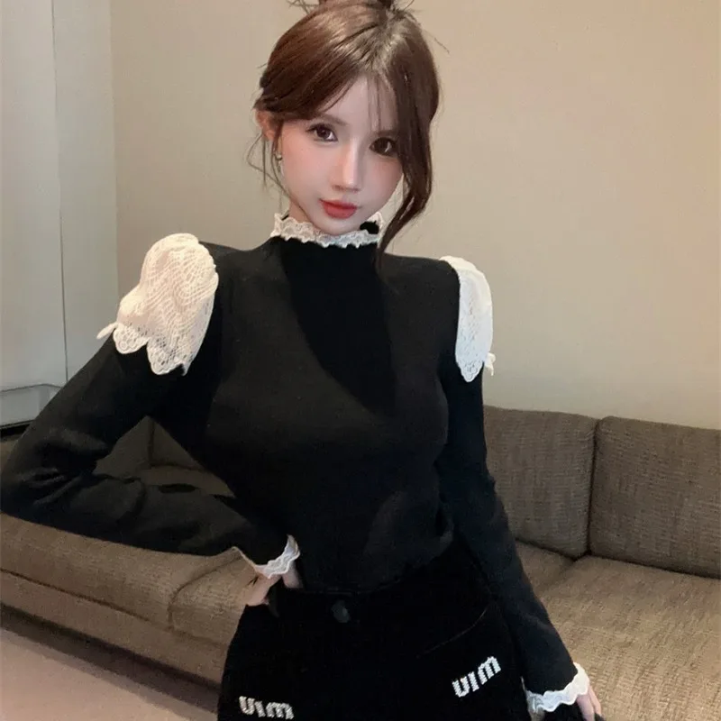 Design sensação renda orelha de madeira f gola alta camere fino ajuste camisola de malha 2025 outono inverno feminino capa base faion