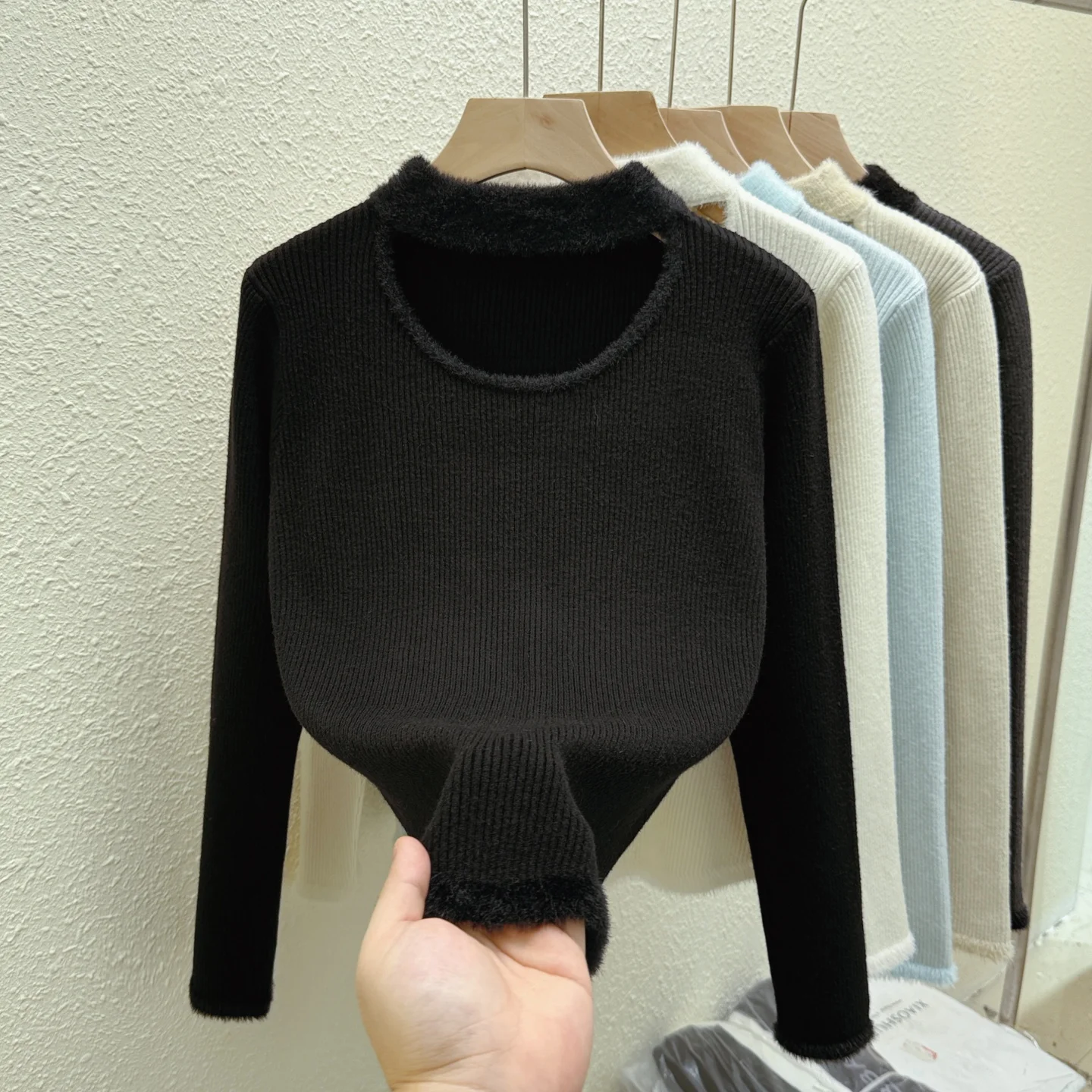 الخريف الشتاء الجوف خارج المرأة سميكة محبوك أعلى عالية وهمية الرقبة تريكو الملابس الدافئة الناعمة سترة #3