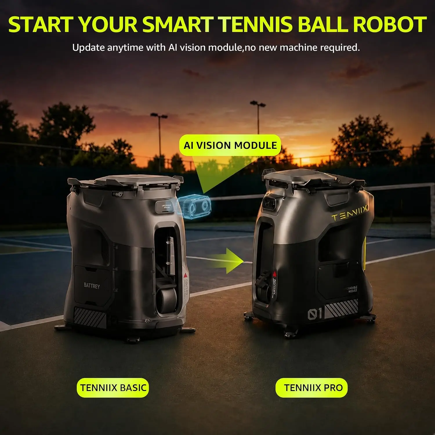 Tenniix AI Tennis Ball Machine Smart Automatic Tennis Launcher Robot with Voice Control Watch App Portable Training Serving