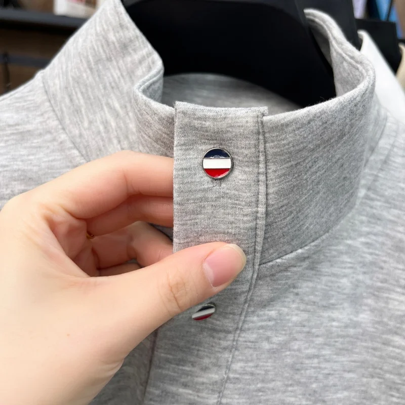Herren-Langarm-T-Shirt mit hohem Kragen, Knopfleiste, exquisitem Muster, Stickerei, hautfreundlich, farbecht, Herbst-Freizeitmode, Herrenbekleidung – Detail 12
