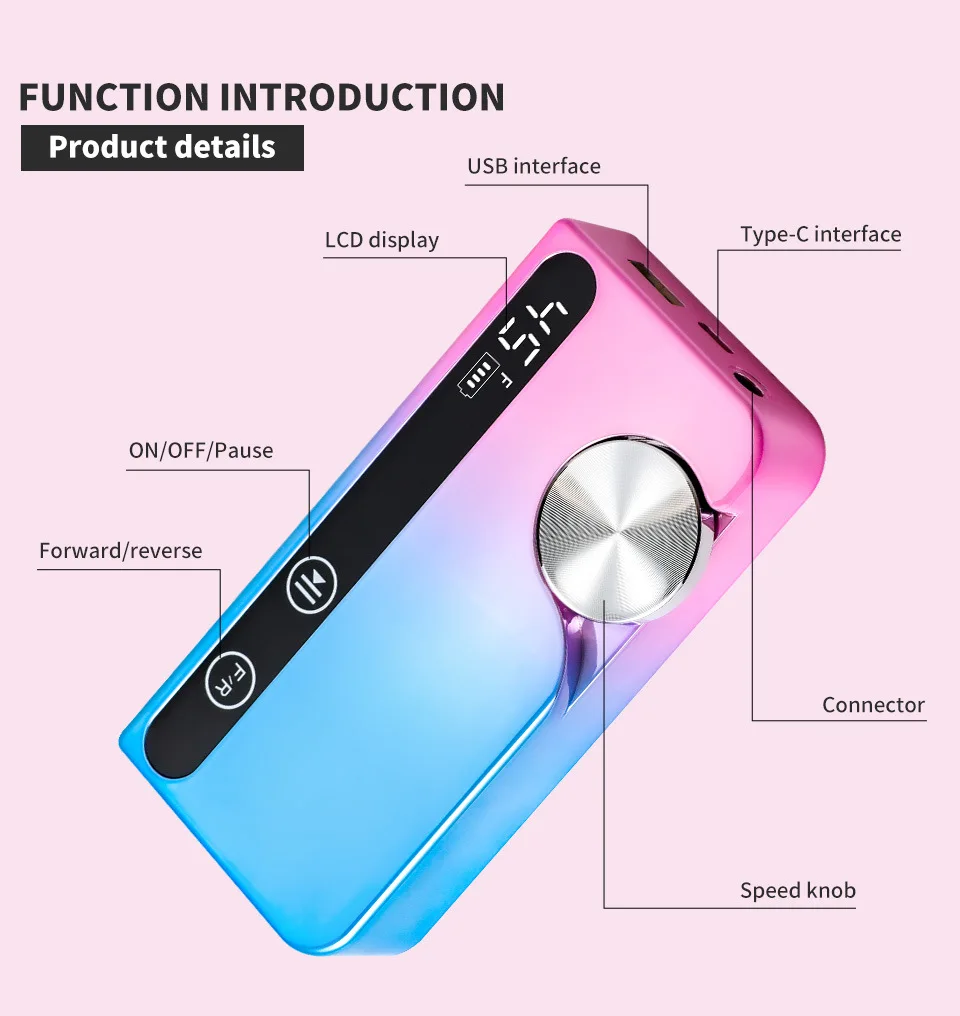 45000RPM Electric Nail Drill Machine Set USB Charging Low Voice Electric Nail Lathe with HD LCD Display