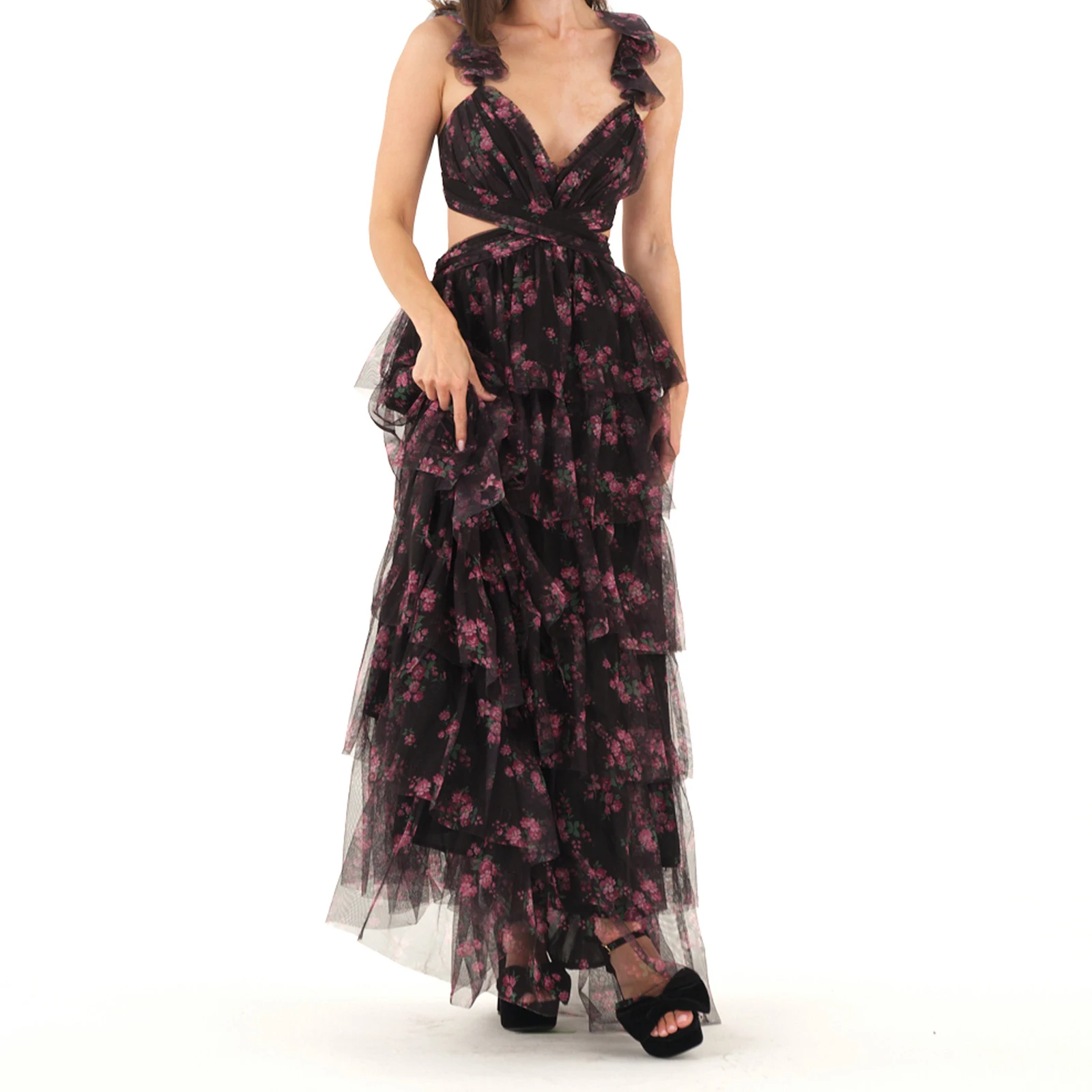 Combhasaki feminino verão floral impressão ruched busto sem mangas com decote em v plissado em camadas rendas sem costas flowy a linha longo bolo vestido