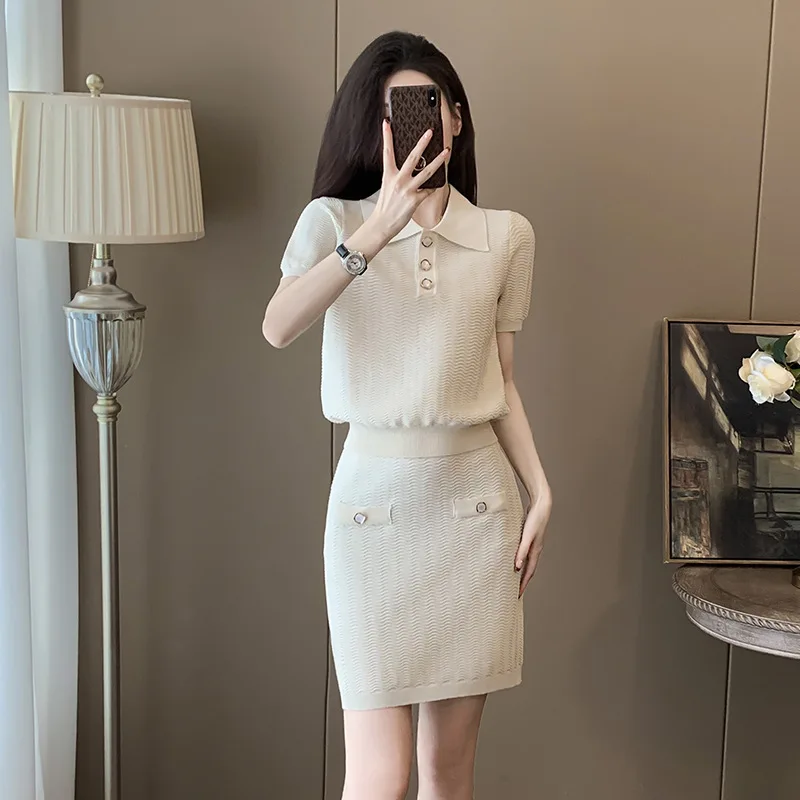Conjunto feminino de malha cáqui, 2 peças, gola polo, manga curta, camiseta + cintura alta, saia quadril enrolada, conjunto casual
