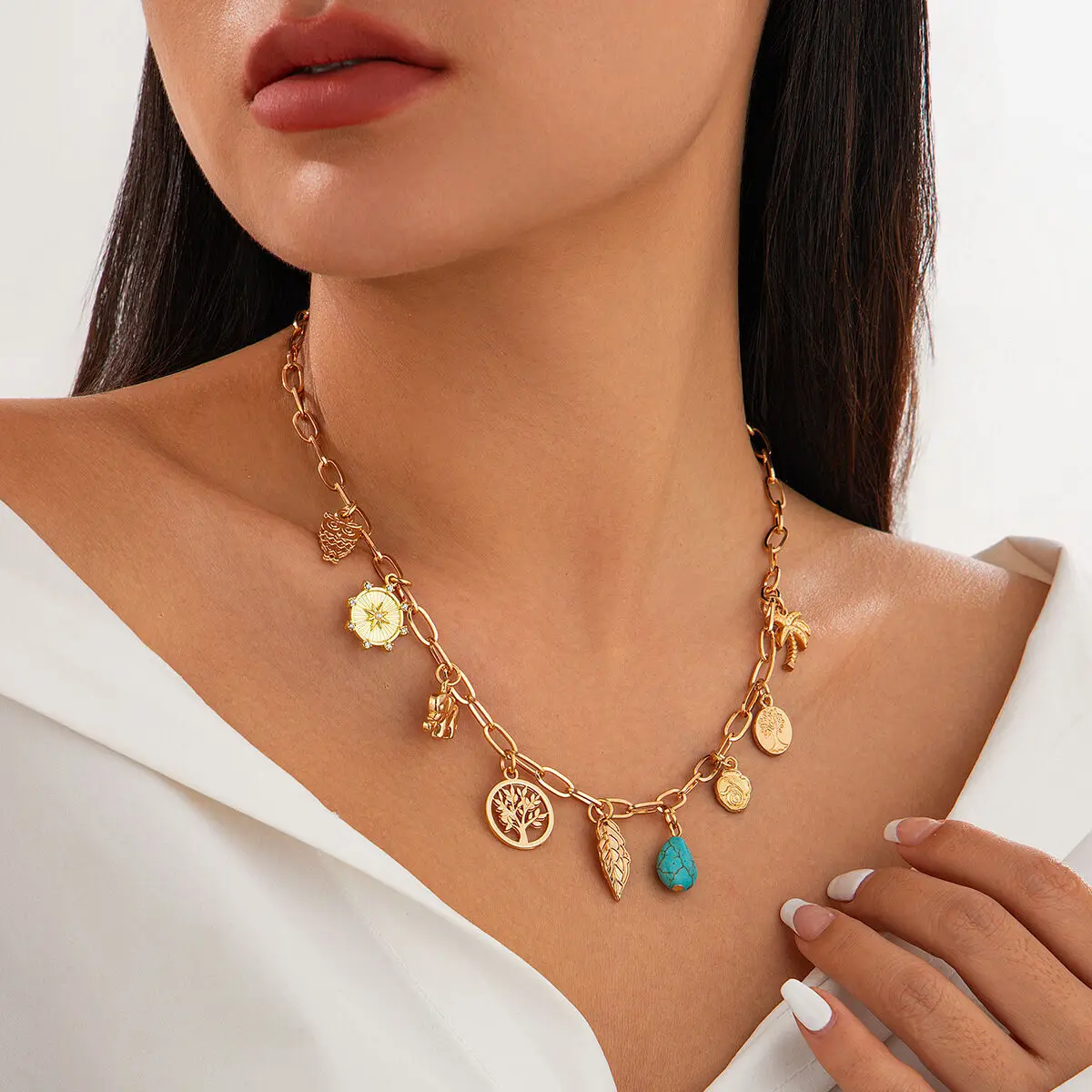 IngeSight.Z Vintage Gold Color Starfish Sun Pendant Choker Necklace Woman Punk Creative Metal Clavicle Chain Ladies Jewelry