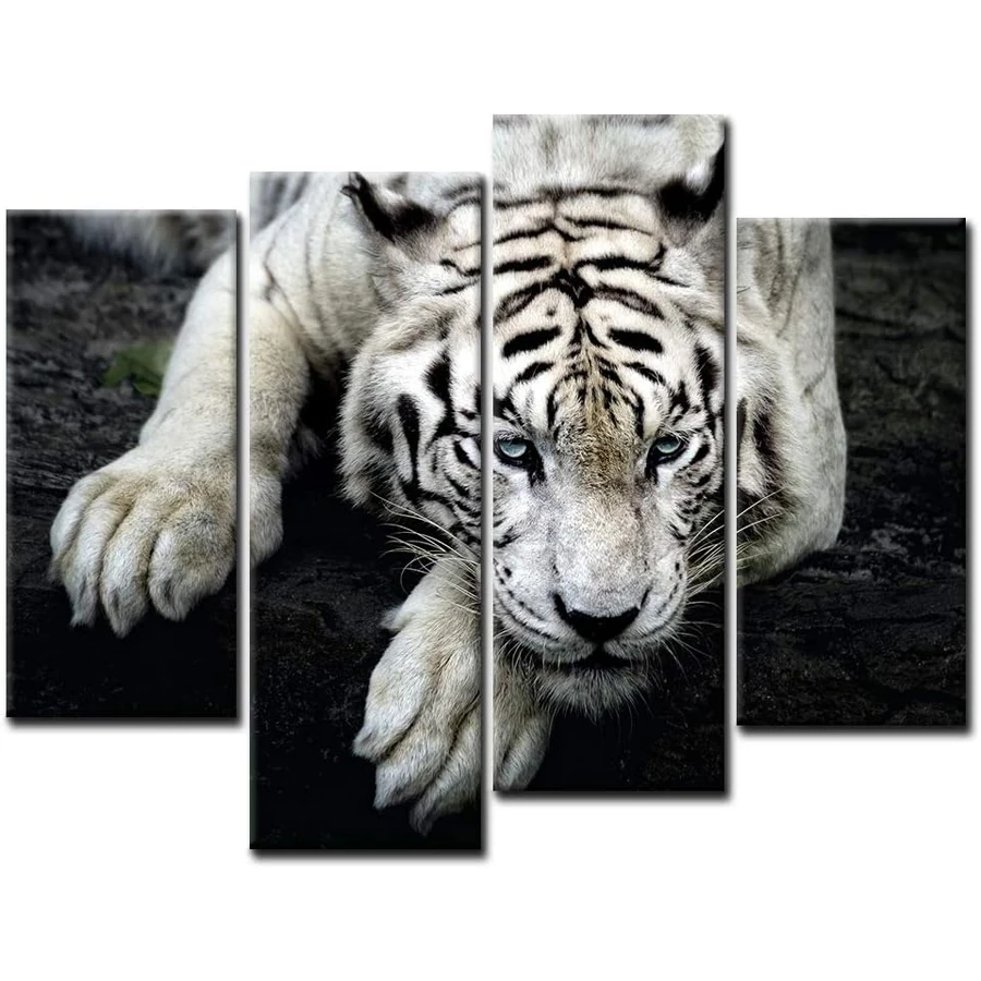 

Черно-белый белый тигр, лежа на скале, настенное искусство, полная алмазная живопись, изображение животного, набор из 4 предметов для мозаики, украшение для дома