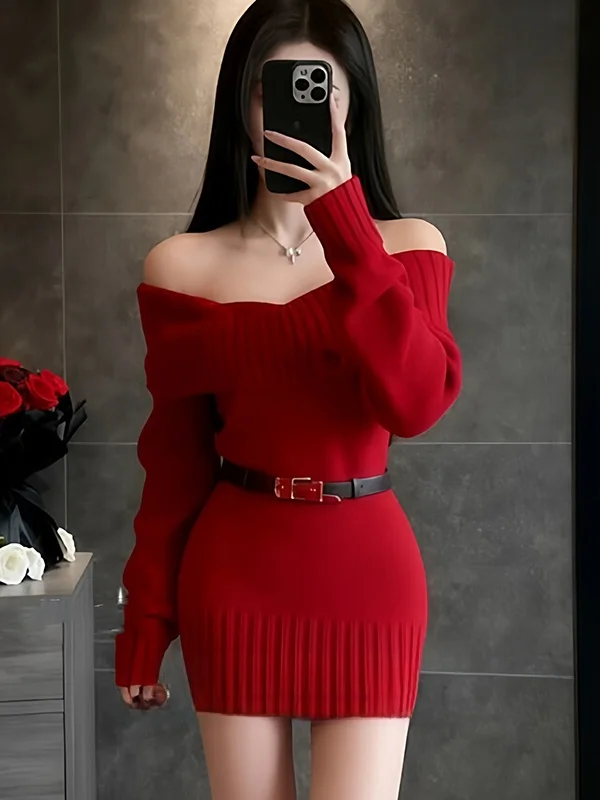 

Красное вязаное платье на одно плечо для женщин, с завышенной талией, утягивающее, короткое, в стиле Cisas, повседневное, средней эластичности