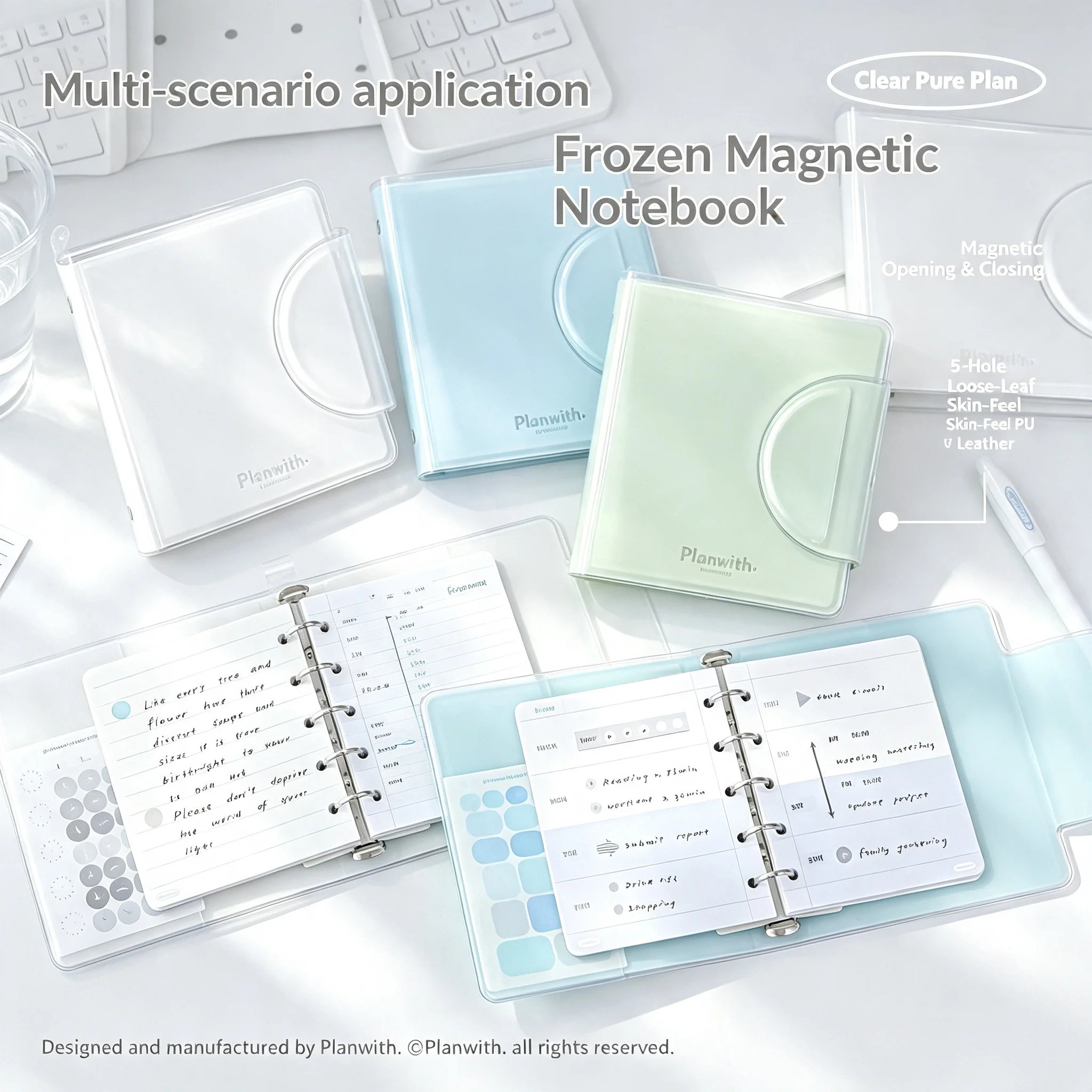 New Planwith Magnetic Soft Leather Square Planner Notebook,Cute 5-hole Ring Bound Loose Leaf DIY Handbook Magnetic Buckle Design