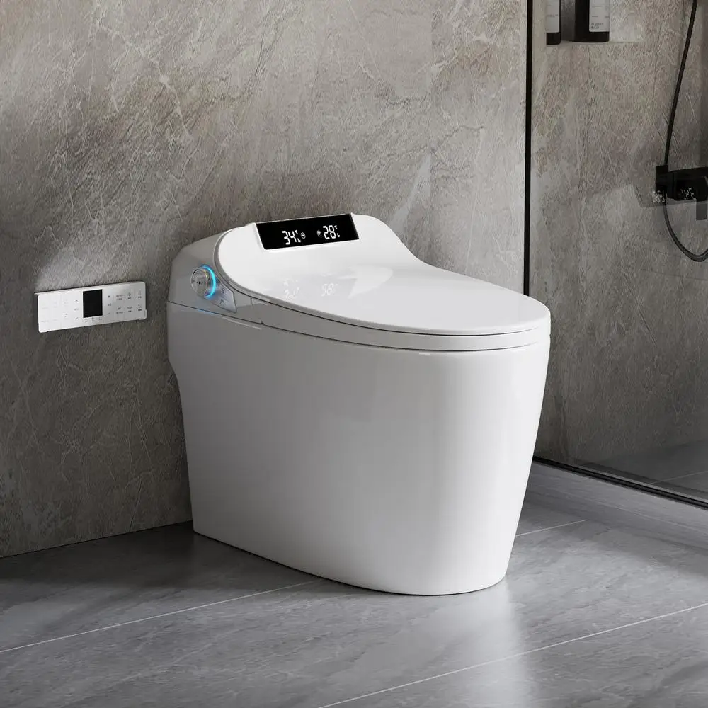 Smart Toilet Bidet FootSensor AutoFlush HeatedSeat NightLight LEDDisplay RemoteControl SelfCleaning Nozzle 1.28GPFDualFlush