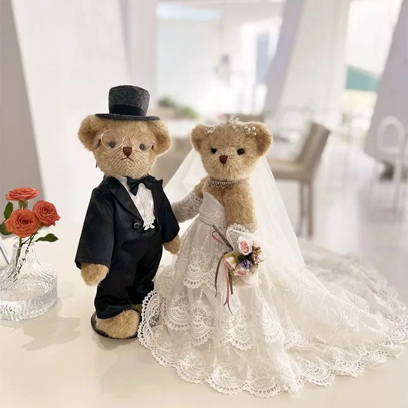 Wedding Couple Teddy Bear with Long Train Gown & Tuxedo - Jointed bear for Bridal Decoration, Bedding Press Valentine's Day Gift