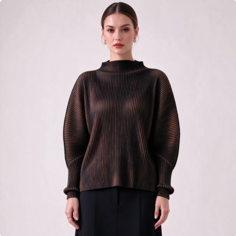 Miyake Women Dark Brown Vertical Pleated Stand Collar Top, Long Sleeve Batwing Blouse, Loose Casual Textured Shirt