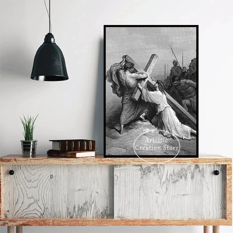 Retro The Cross Is Lifted Up Jesus Heals A Paralytic Black and White Prints Canvas Painting Wall Art Pictures Living Room Decor