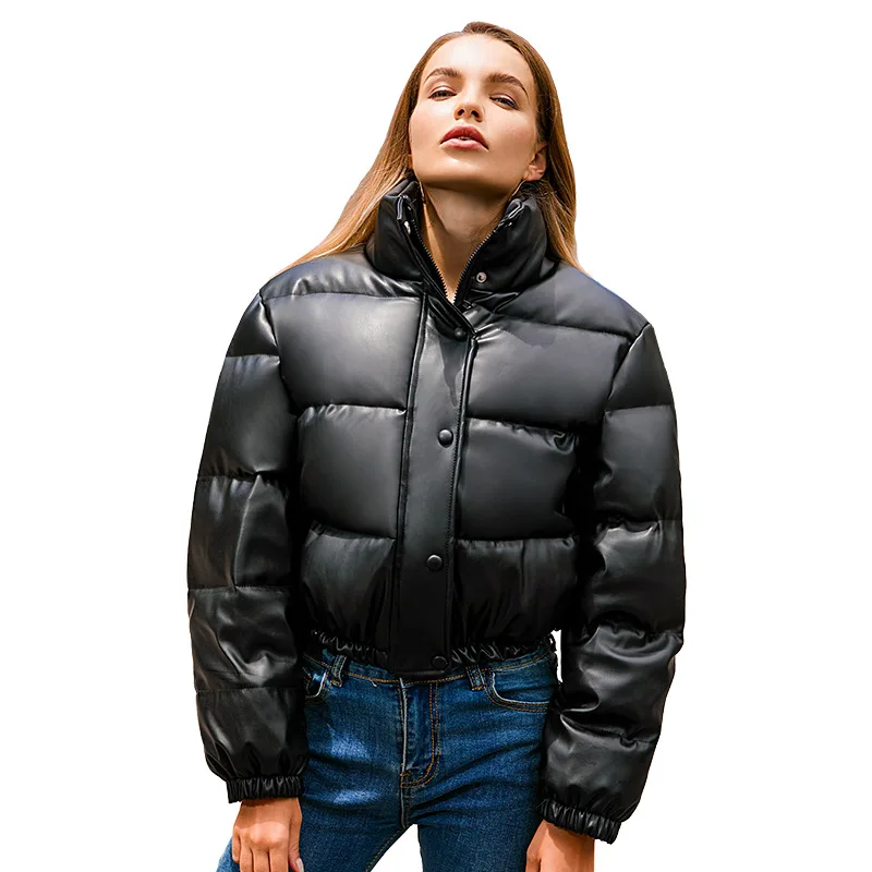 Jaqueta acolchoada para mulheres, parkas pretas de couro PU, casaco elegante com zíper, outwear acolchoado de algodão, grosso e quente, novo, inverno, 2022