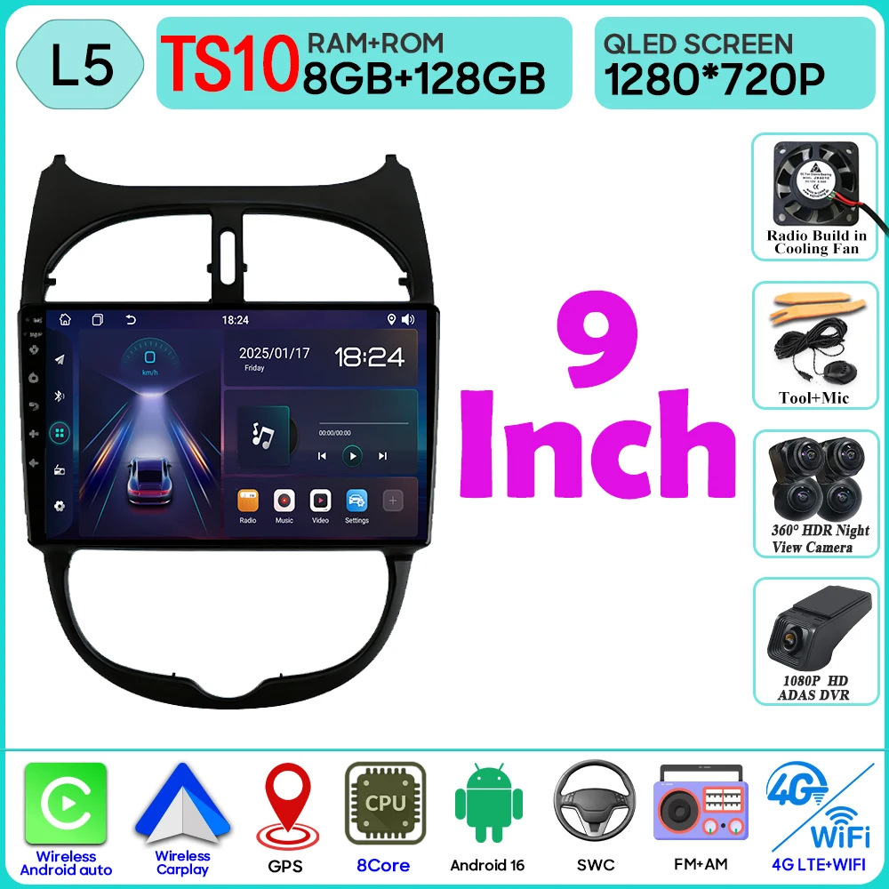 Android 16 autoradio voor Peugeot 206 206CC 1998-2012 autoradio Bluetooth 4G Wifi GPS navigatiescherm draadloze Carplay monitor - afbeelding 1