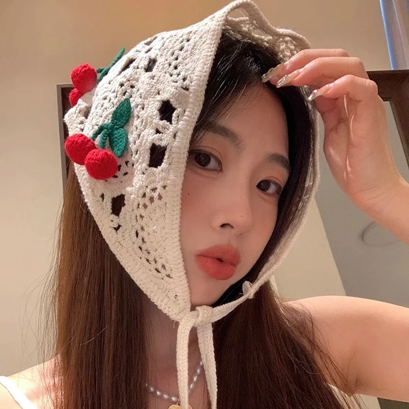 

Knitted Triangle Headband Cute Little Cherry French Pastoral Style Headband Towel Crochet Flower Headscarf