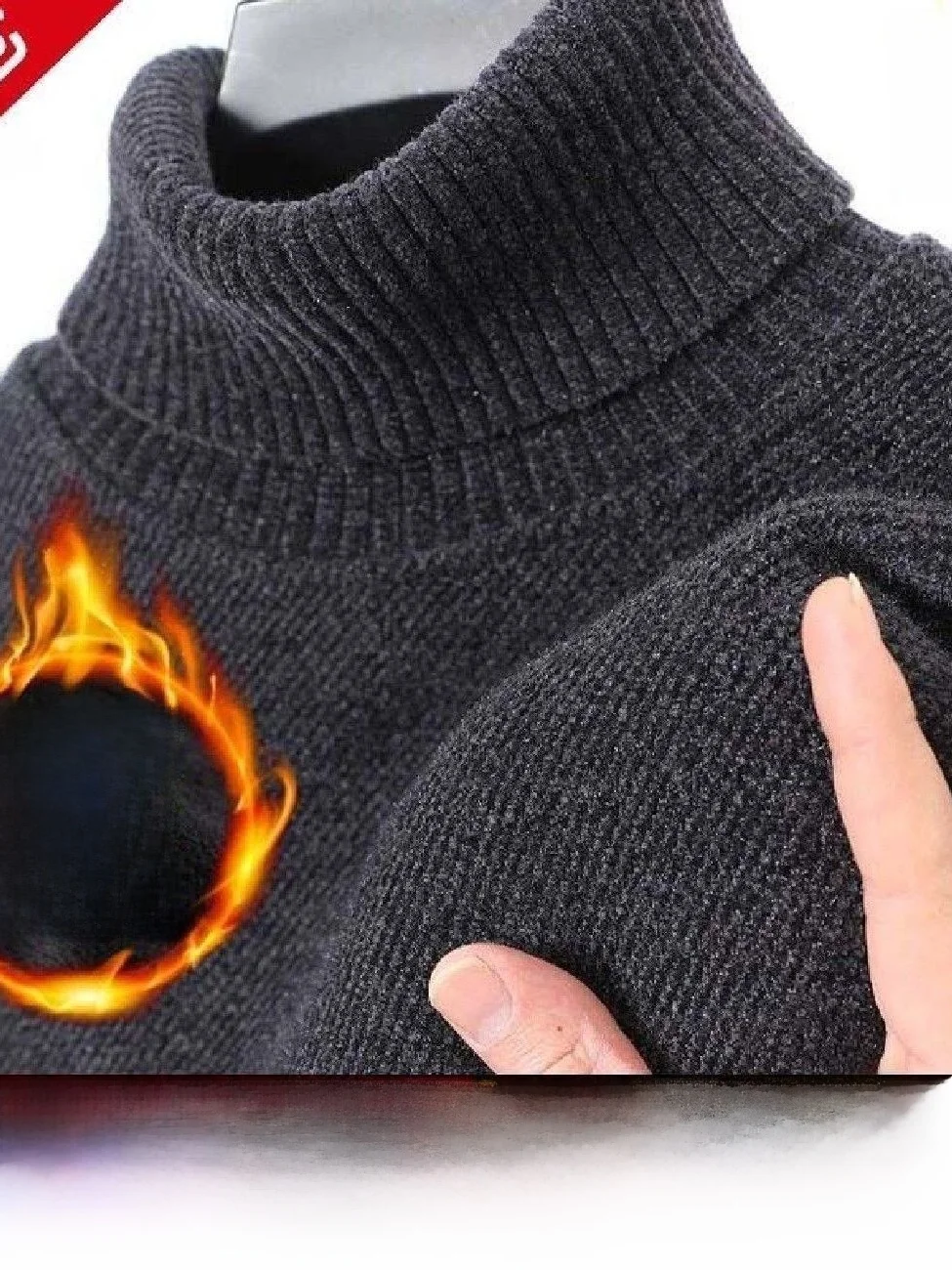 Fleece Lined Warm Men's Knitted Sweater Shawl Collar Versatile Business Casual Thick Winter Long Sleeve High Neck  Color