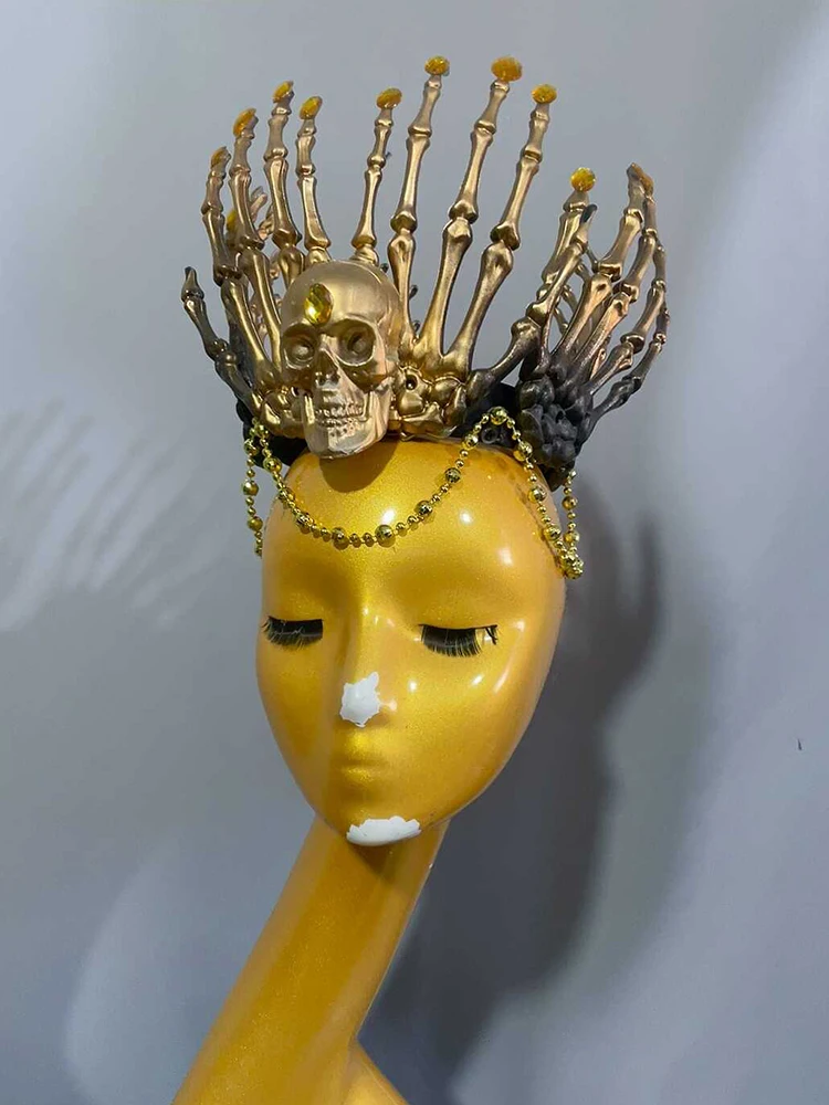 Kostium na Halloween Złota Korona Czaszka Nakrycie Głowy Akcesoria do Występów Scenicznych Ubrania Drag Festiwal Impreza Rave VDL4657