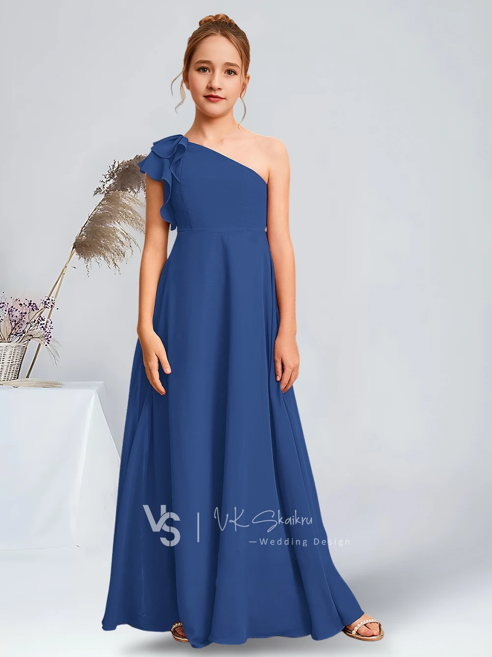JHG Child Kids A Line One Shoulder Floor Length Chiffon Junior Bridesmaid Dress Flower Girl Dress Kids For Girls Wedding Party