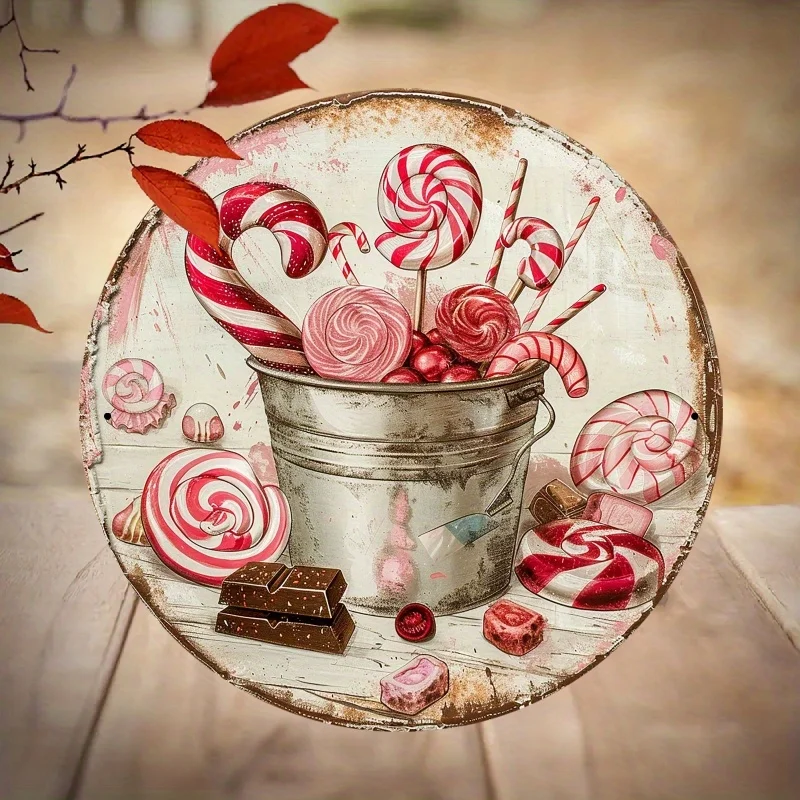 1pc Vintage Candy & Chocolate Metal Wall Art Plaque - 7.87x7.87 Inches Round Iron Sign, Colorful Confectionery Design for Home,