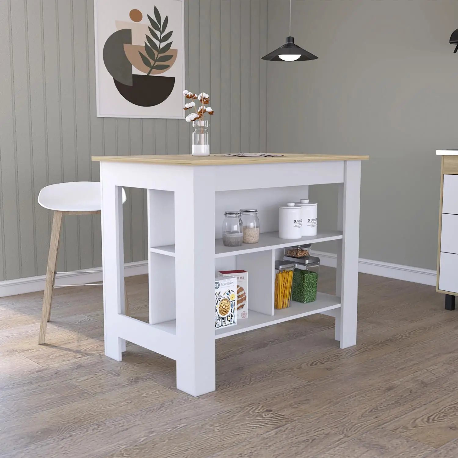 Cala Kitchen Island, Four Legs, Three Shelves  White / Light Oak