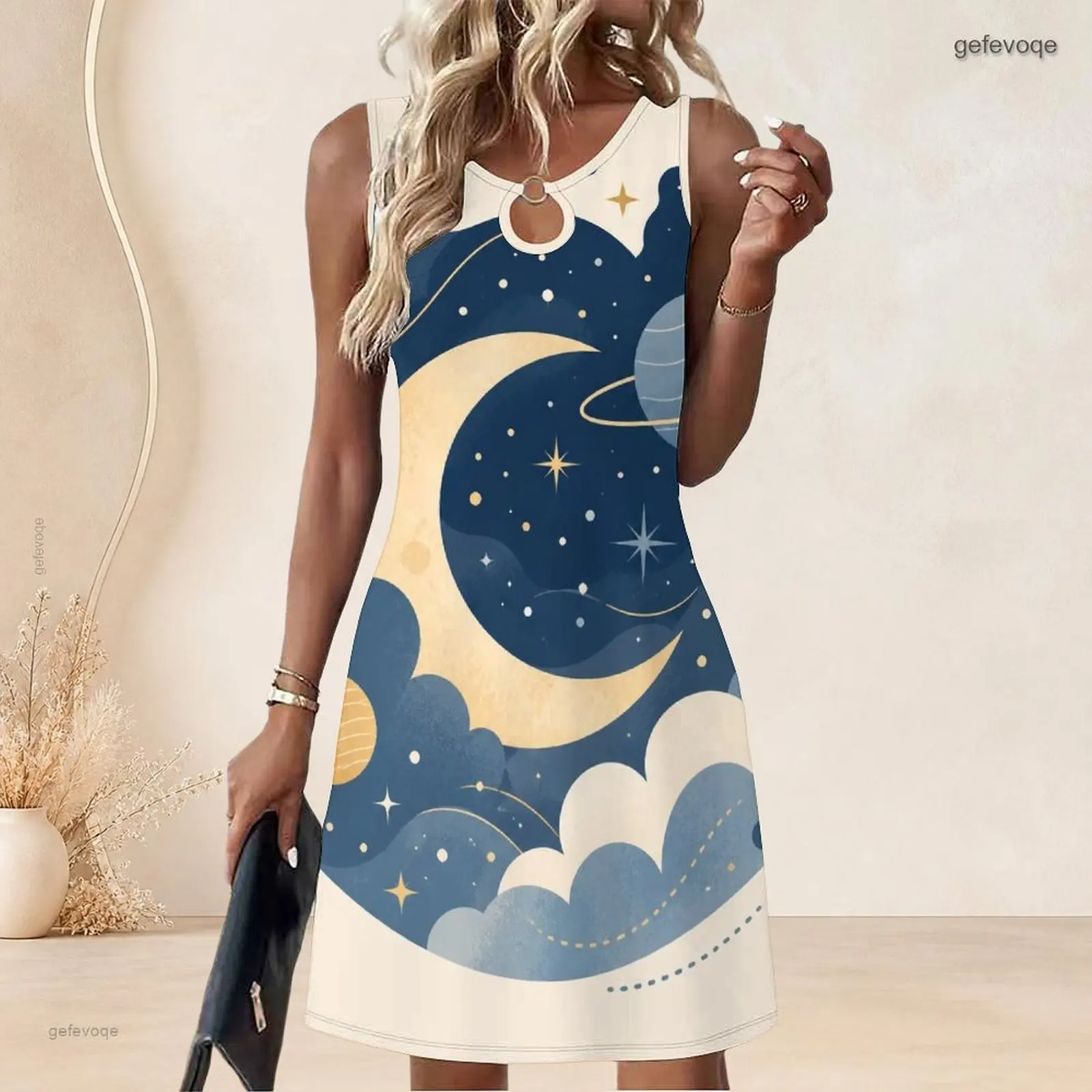 Women Sleeveless A Line Mini Dress O Ring Keyhole Neckline Loose Swing Short Dress Custom Print Ladies Casual Daily Dress