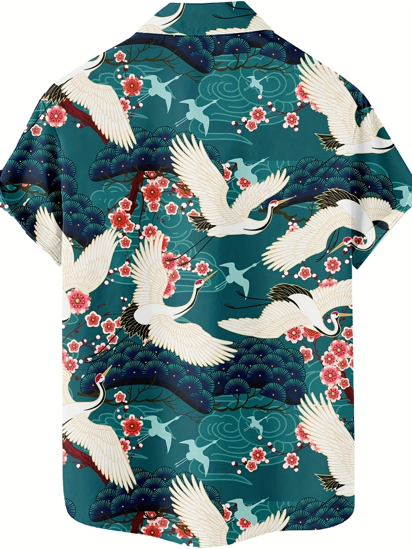 Men Japanese Crane Cherry Blossom Print Turn Down Collar Short Sleeve Shirt Teal‑Base Oriental Vacation Top
